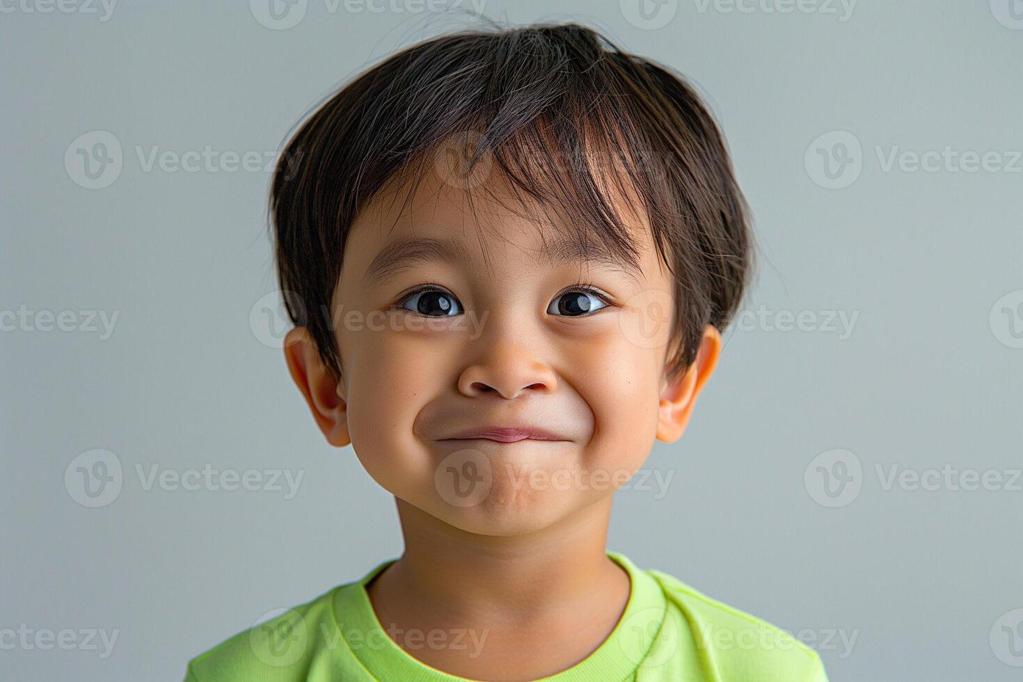 A cheerful Asian boy with short hair smiles brightly against a soft gray background, showcasing his playful personality. photo