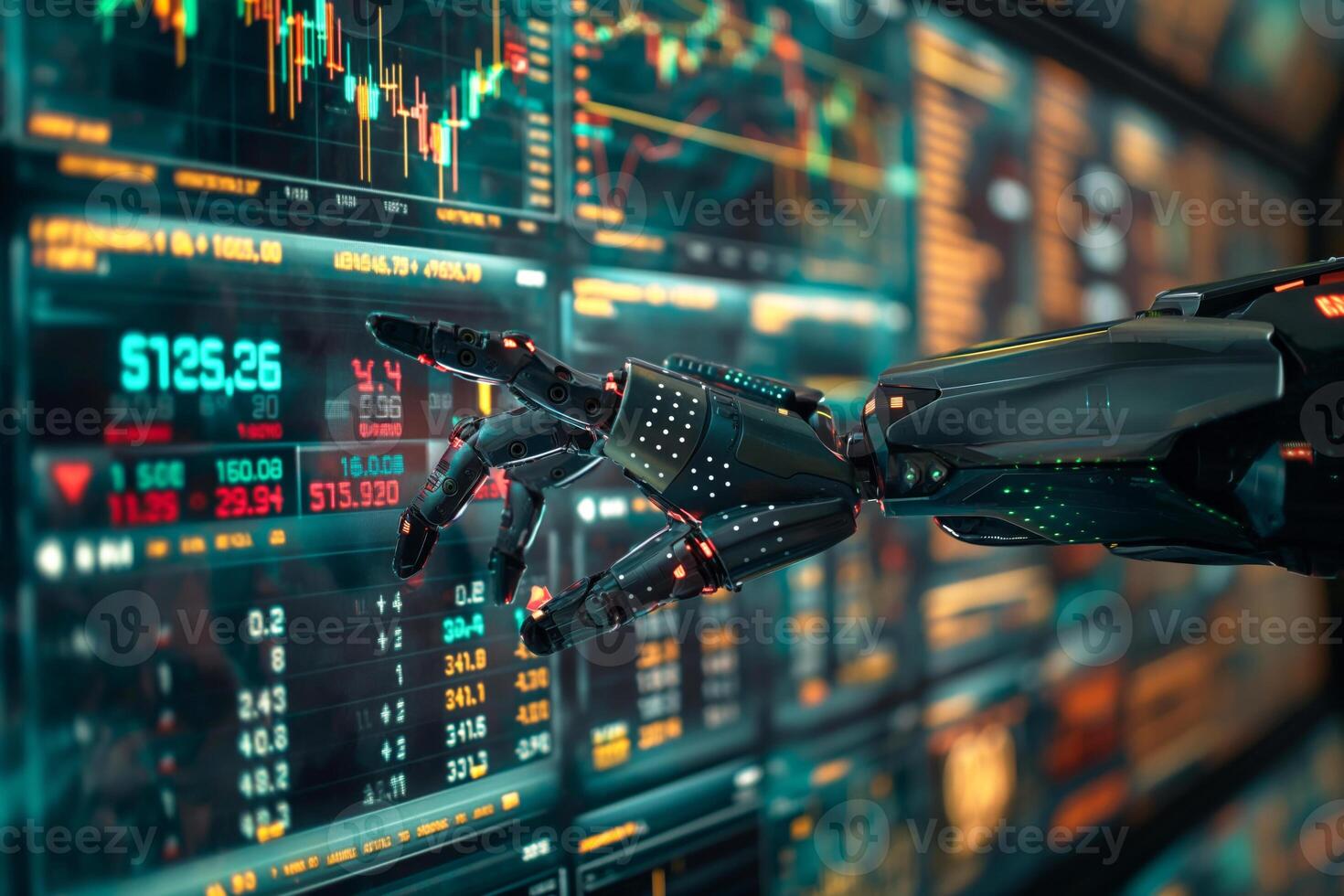A futuristic robotic arm interacting with a digital financial trading dashboard, showcasing advanced technology and innovation. photo