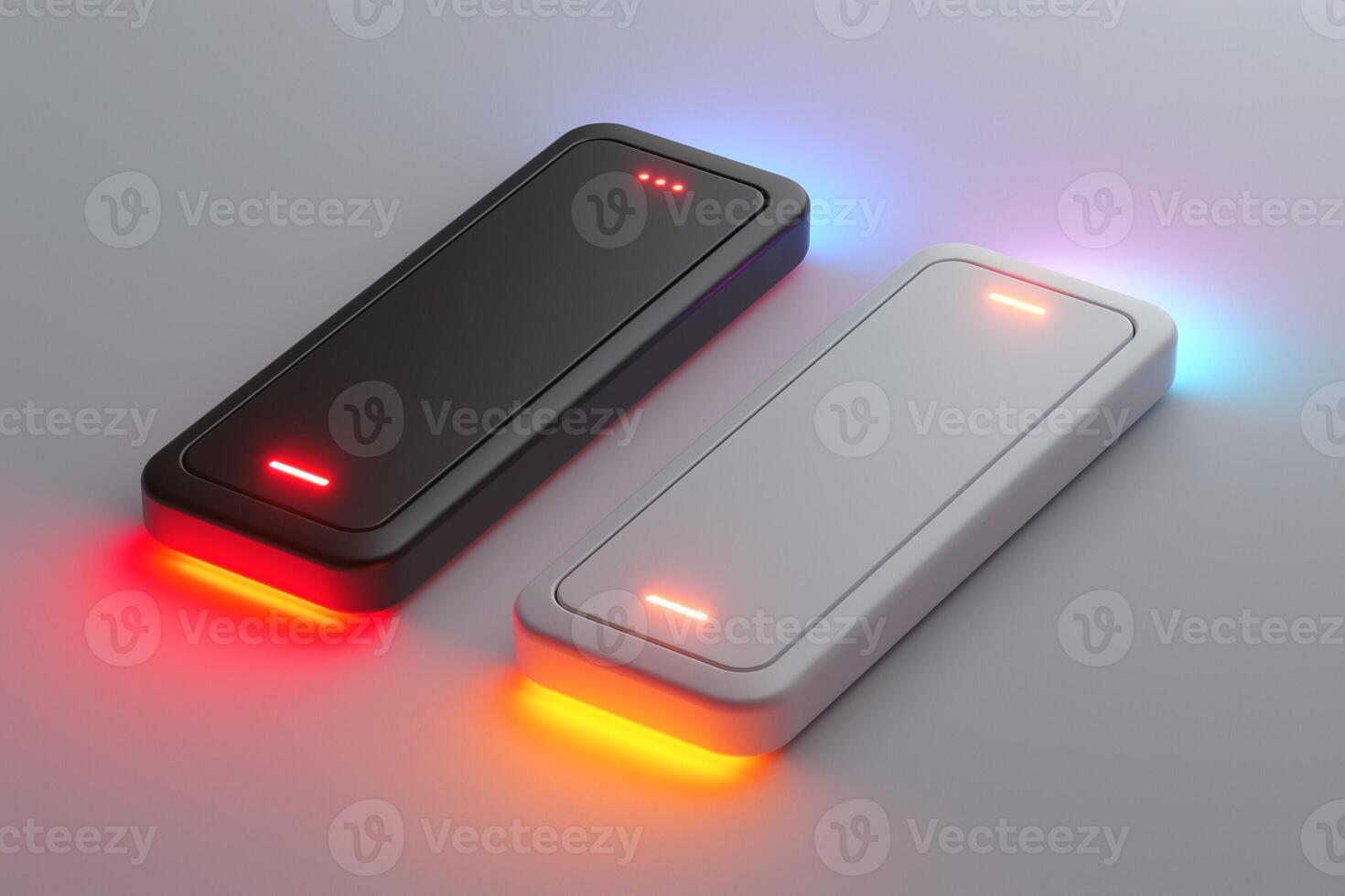 Two sleek and modern wireless chargers, one black and one white, illuminated with vibrant LED lights in red and blue. photo