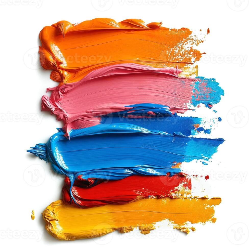 Vibrant strokes of paint in a mix of orange, pink, blue, and red create a dynamic and colorful abstract composition. photo