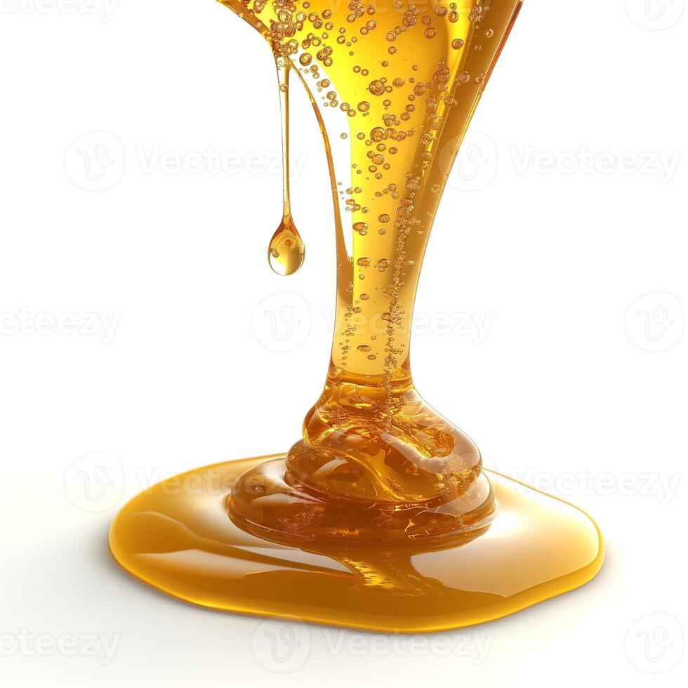 A close-up shot of golden liquid syrup dripping gracefully, creating a mesmerizing pattern on a white surface. photo