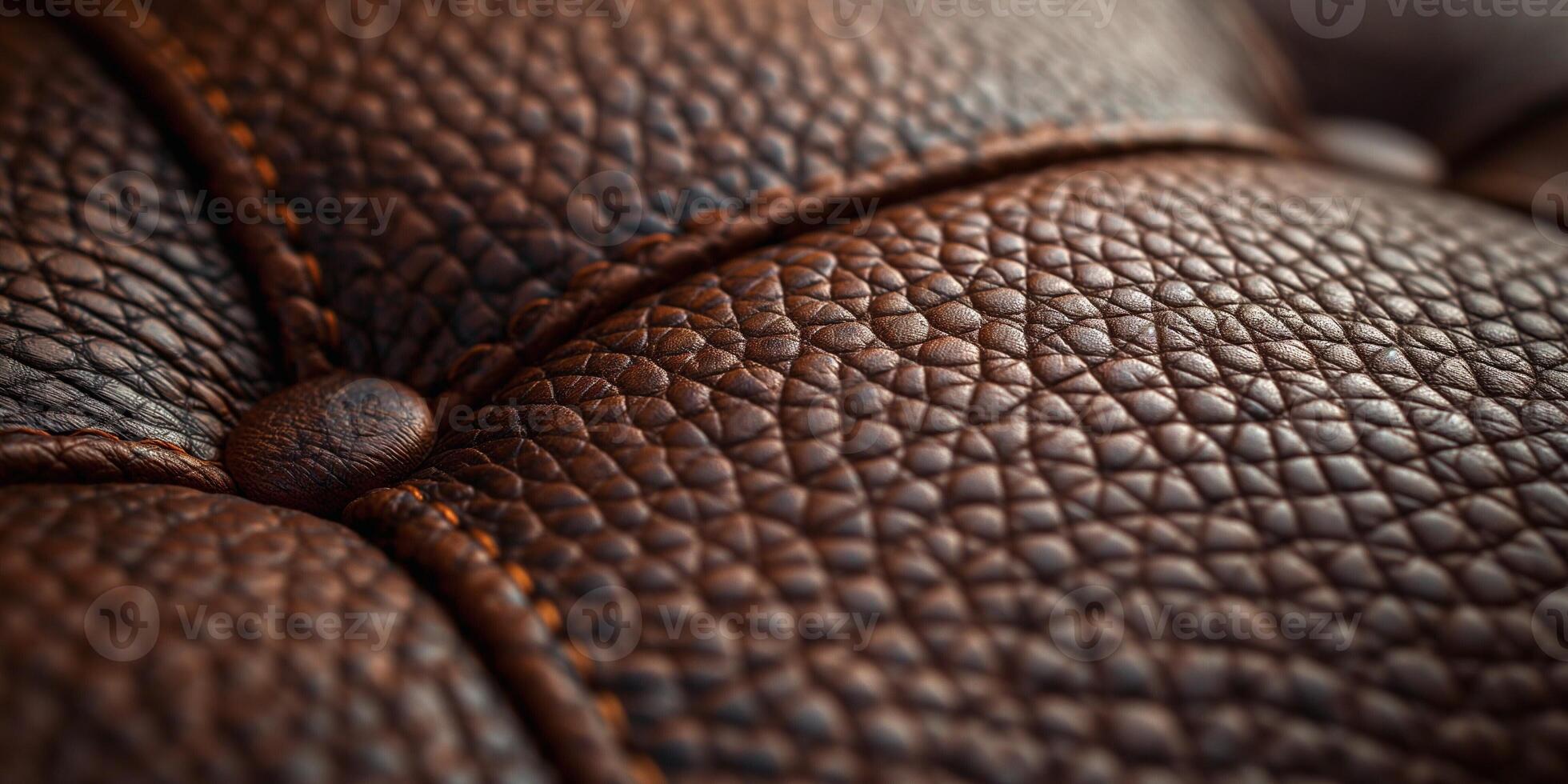 Close-up of rich brown leather upholstery with intricate textures and stitching details. photo