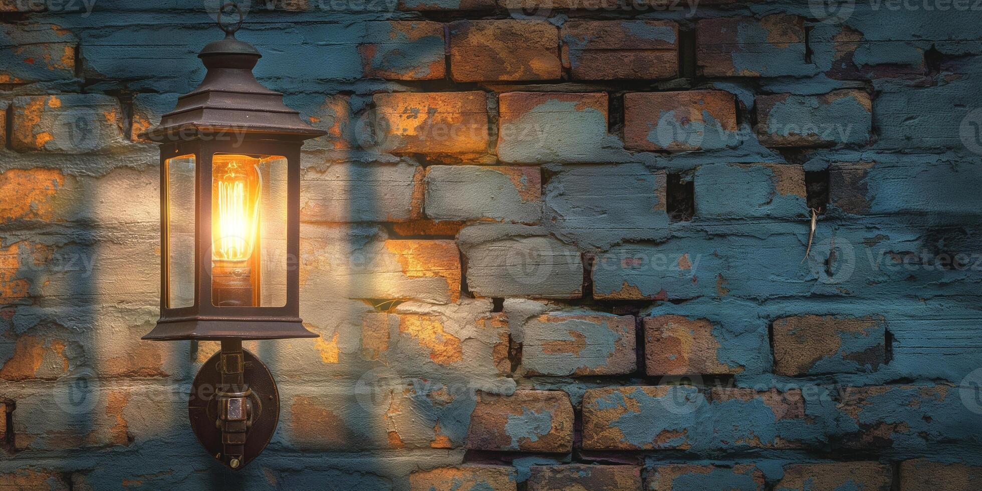 A vintage lantern illuminates a weathered blue brick wall, casting warm shadows and creating a cozy ambiance. photo