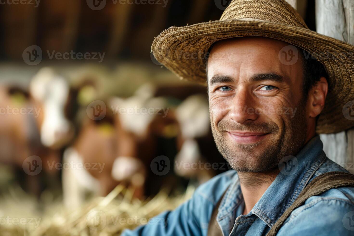 Smiling Caucasian male farmer in a straw hat, surrounded by cows in a rustic barn setting. photo