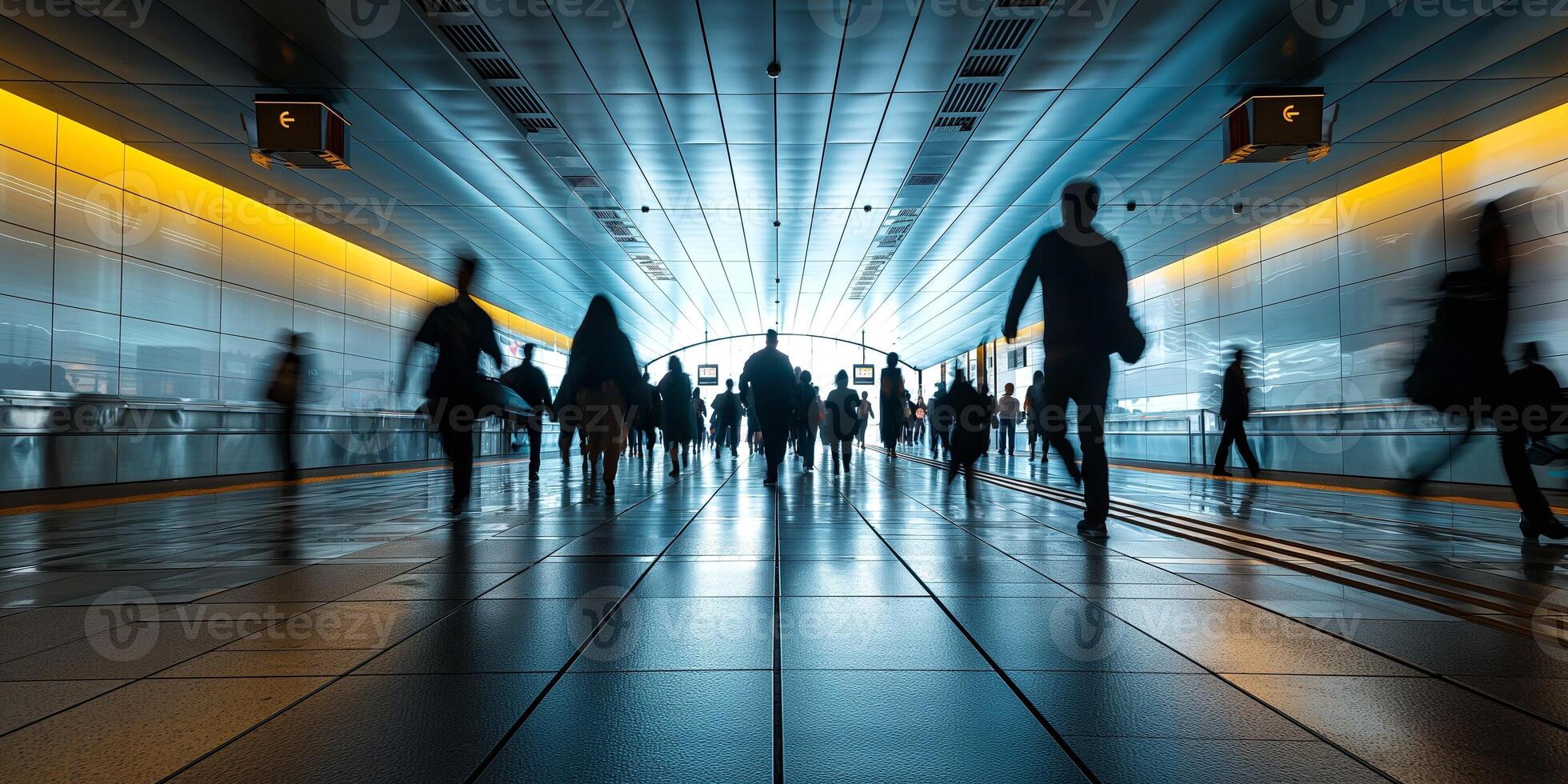 Silhouettes of diverse travelers moving through a modern airport terminal, creating a sense of bustle and anticipation. photo