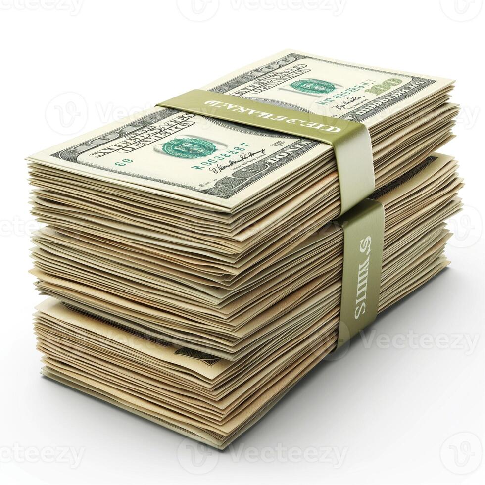 A neatly stacked pile of cash wrapped with a band, symbolizing wealth and financial success. photo