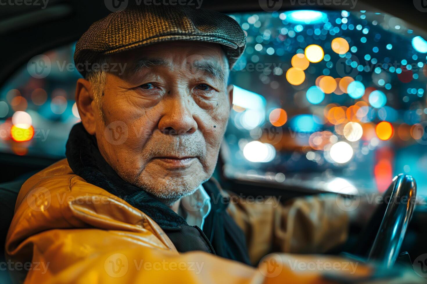 An elderly Asian man with a thoughtful expression sits in the driver's seat, rain-drenched city lights creating a bokeh effect outside. photo