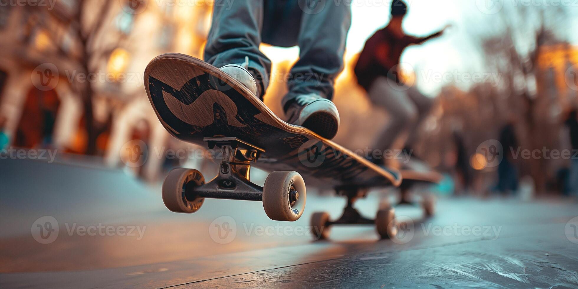 Two young male skaters practicing tricks at an urban park during sunset. photo