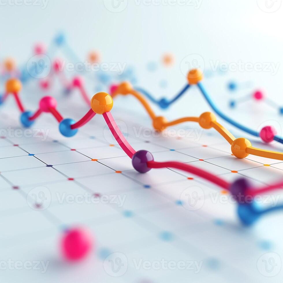 Colorful data visualization with vibrant lines and spheres representing fluctuating statistics. photo