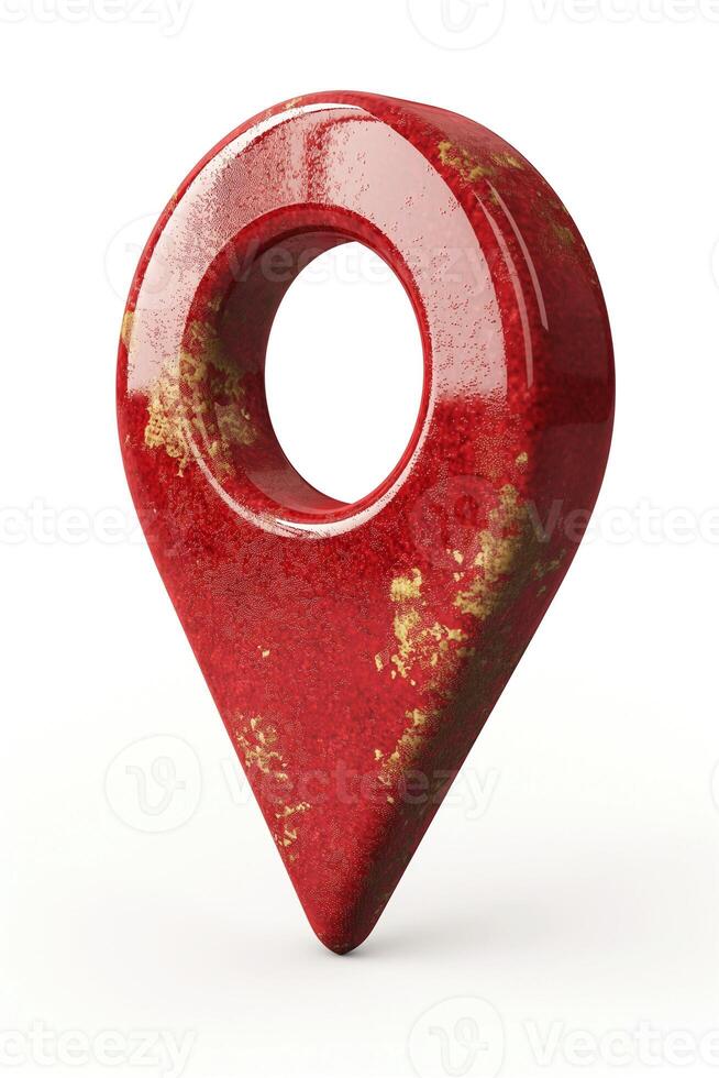 A shiny red location pin with a textured, weathered surface, symbolizing navigation and geolocation. photo