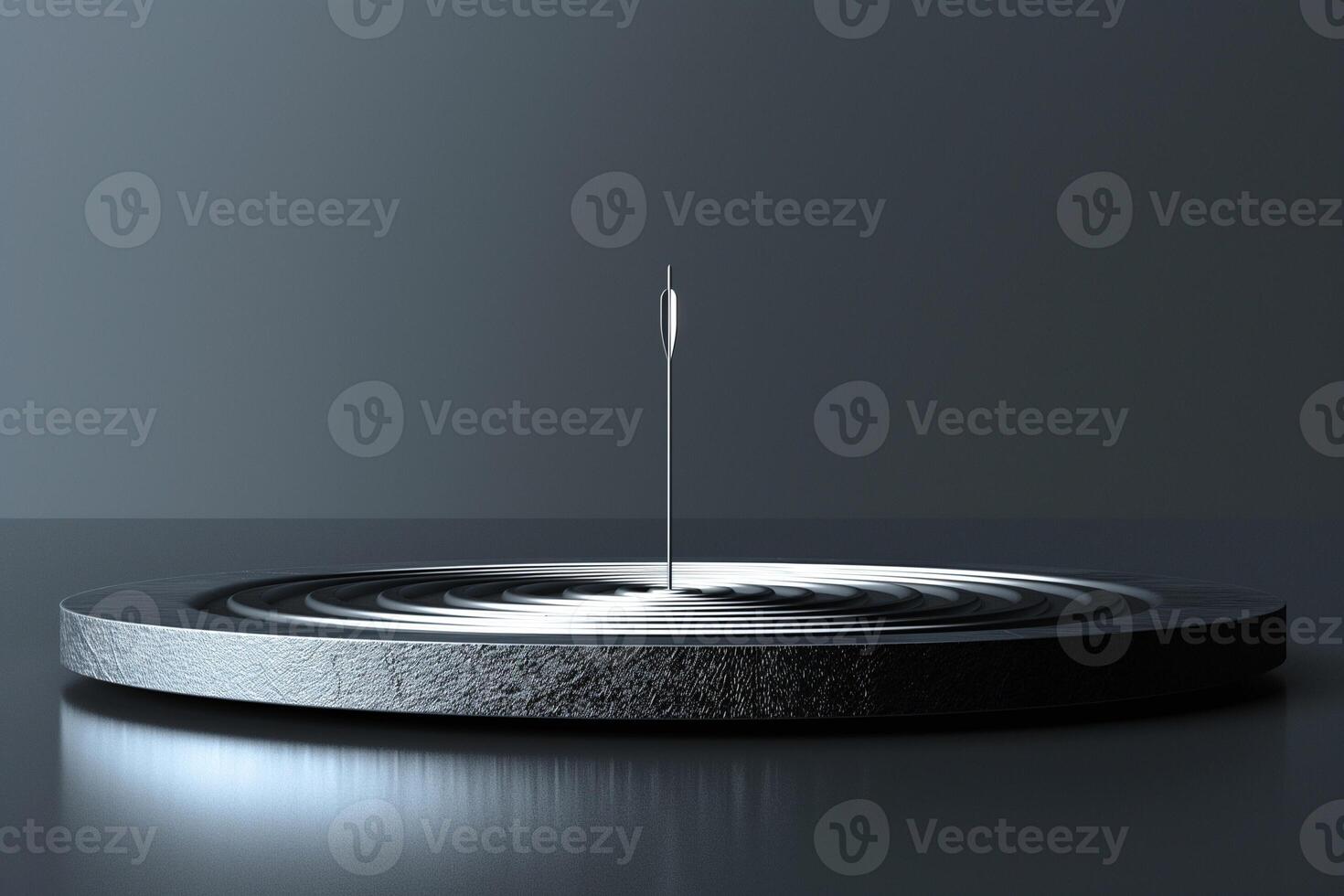 A close-up of a metallic needle piercing through a textured surface, creating ripples in the dark background. photo
