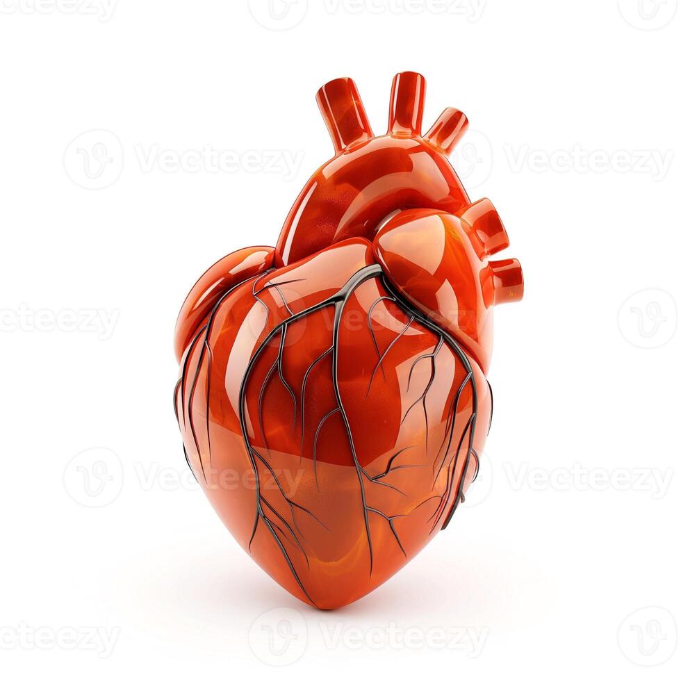 Vividly detailed anatomical heart model in bright red with realistic vein textures, symbolizing life and vitality. photo