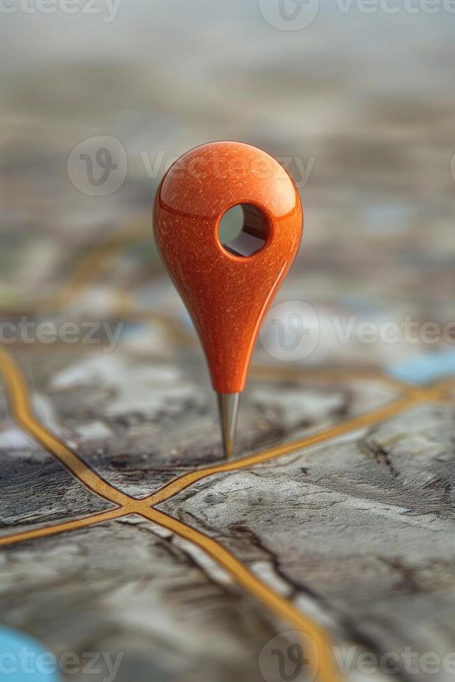 A vibrant orange map pin stands out against a detailed geographical background, symbolizing location and navigation. photo