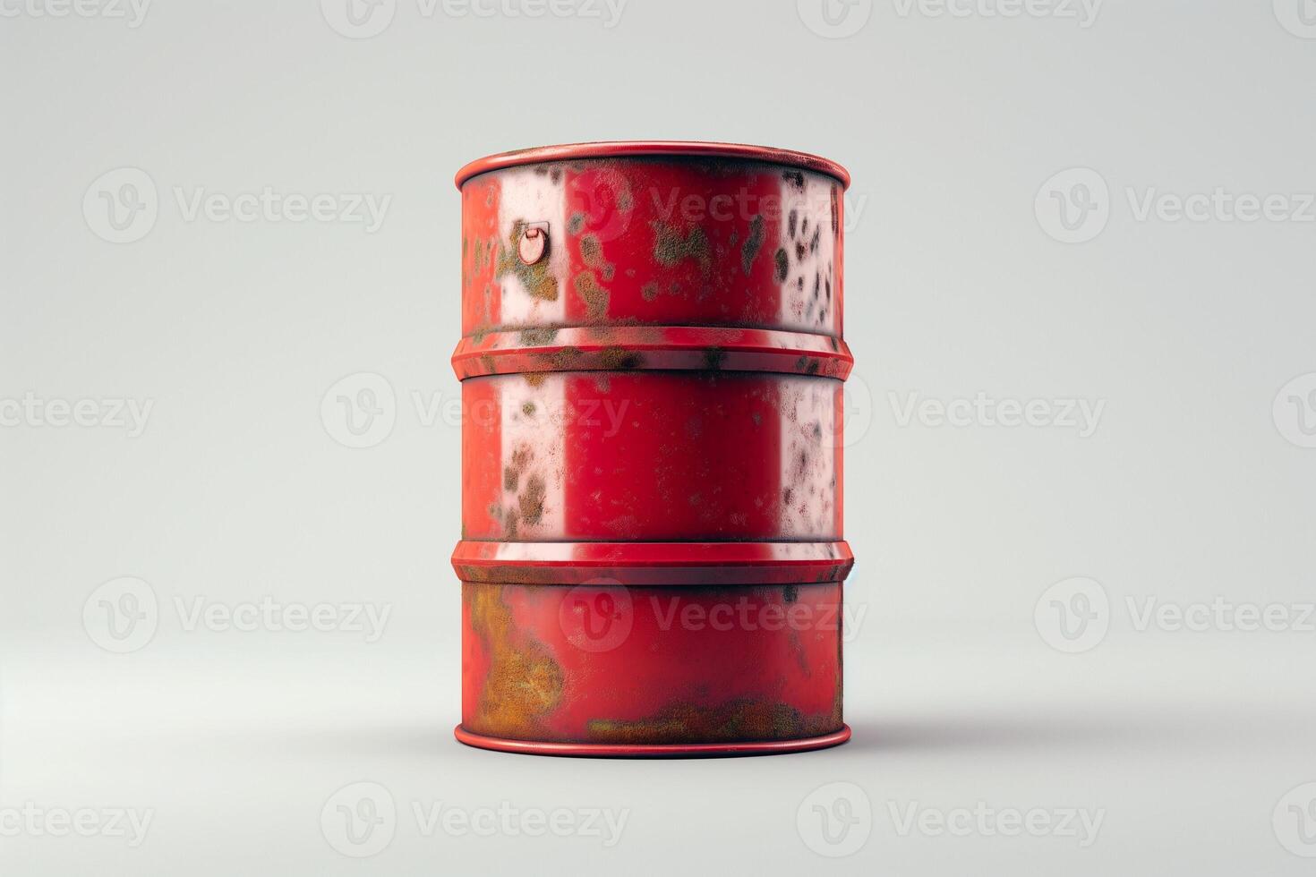 Rusty red oil barrel with visible wear and tear, set against a neutral background. photo