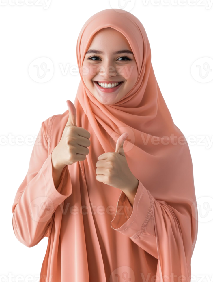 Cheerful Young Woman in Peach Hijab Gives Double Thumbs Up in Studio png