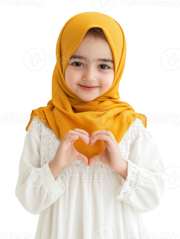Smiling Young Girl Wearing Mustard Hijab Forms Heart Shape with Hands on Transparent Background png