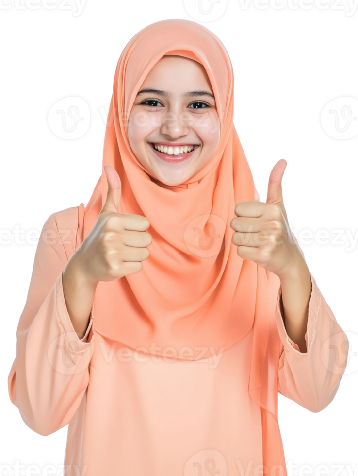 Portrait Of Smiling Young Woman in Peach Attire Giving Thumbs Up With Headscarf on Transparent Background png