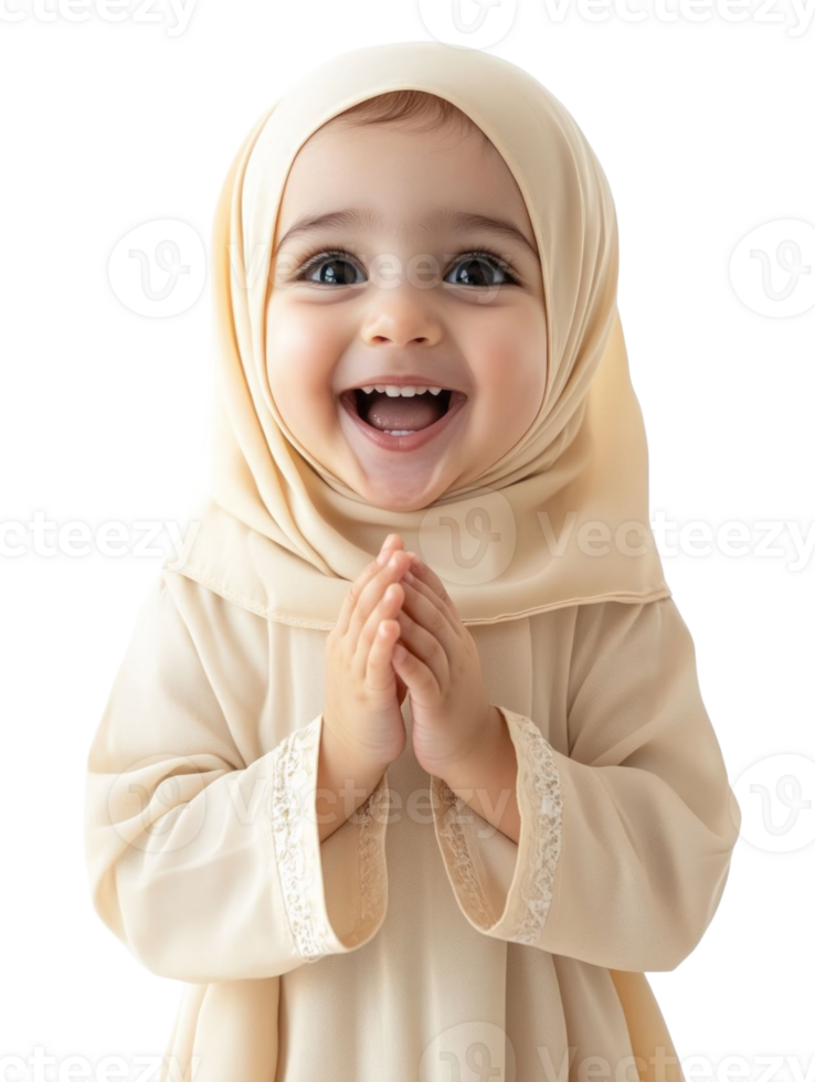 Joyful Child Wearing Beige Hijab Smiling with Clasped Hands Isolated on Transparent Background png