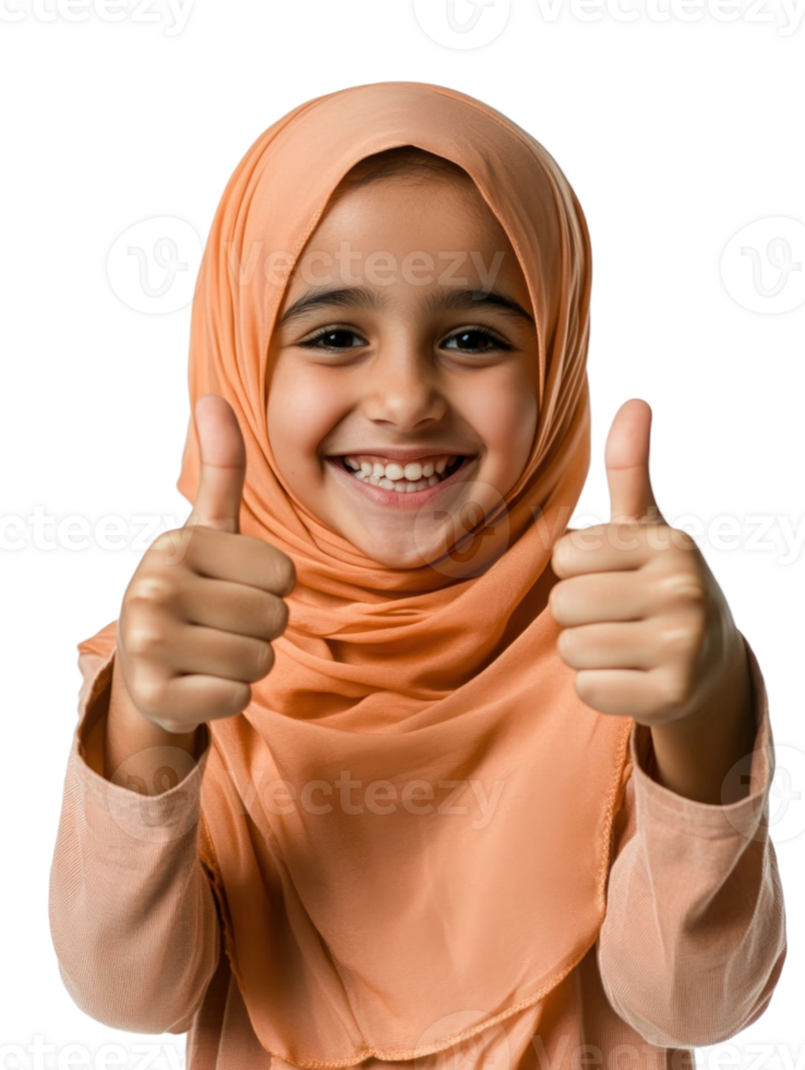 Smiling Young Girl With Peach Headscarf Giving Thumbs Up on Transparent Background png