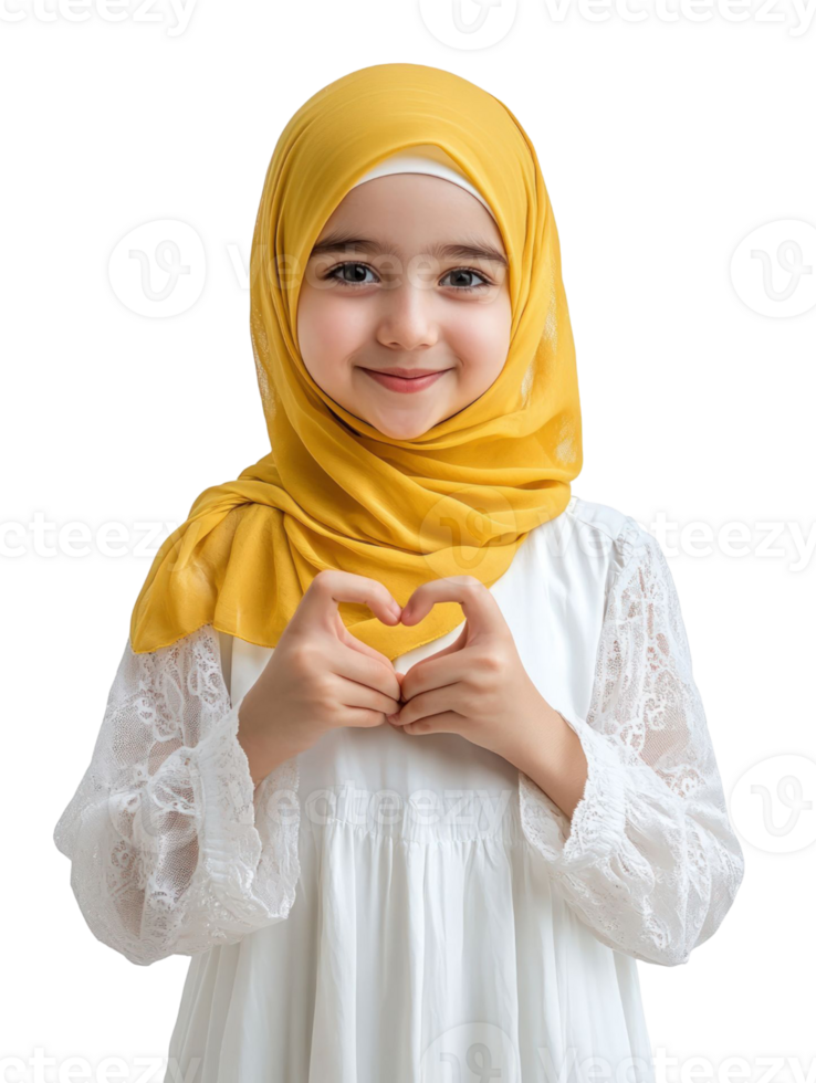 Smiling Young Girl In Yellow Headscarf Making Heart Shape With Hands In Transparent Background png
