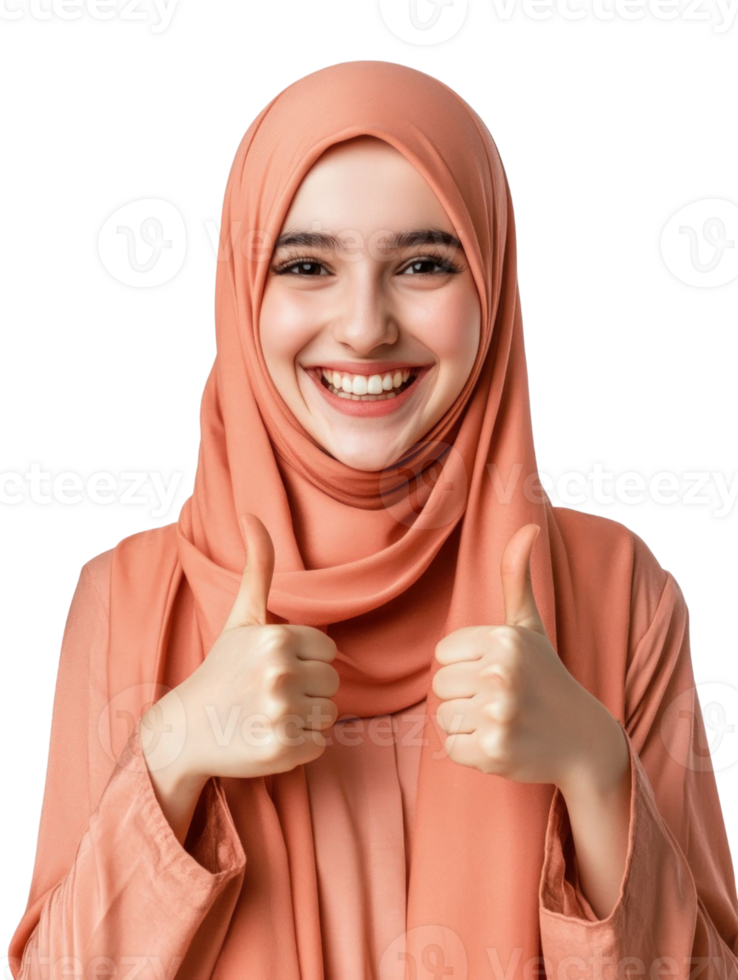 Smiling Young Woman with Thumbs Up in Peach Hijab on Transparent Background png
