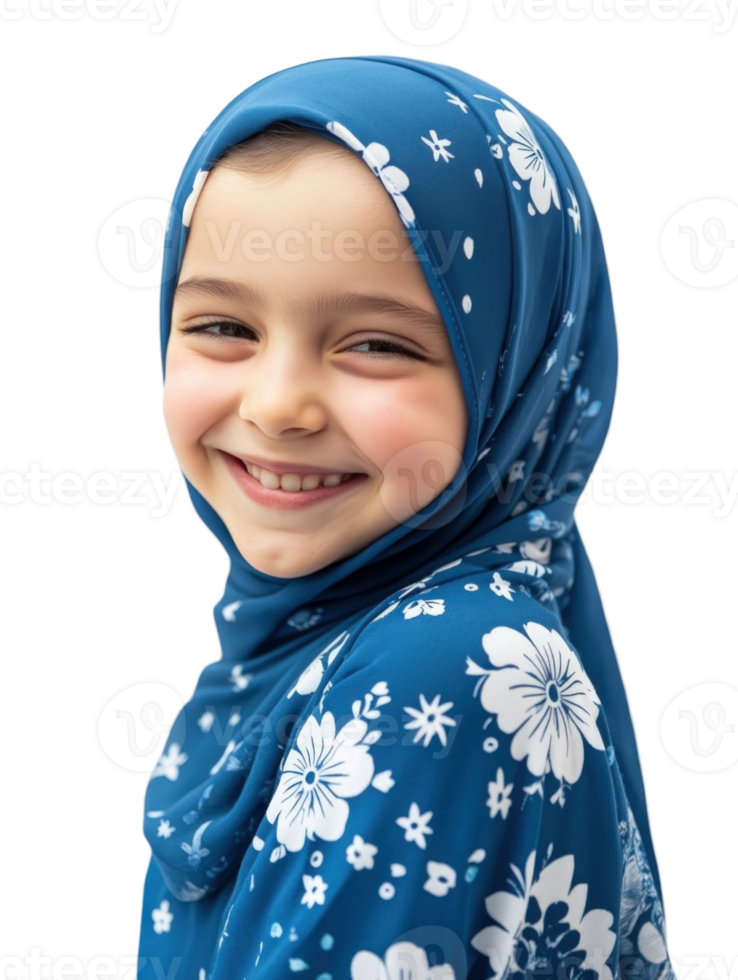 Portrait Of A Smiling Young Girl Wearing A Blue Hijab With White Floral Patterns Against Transparent Background png