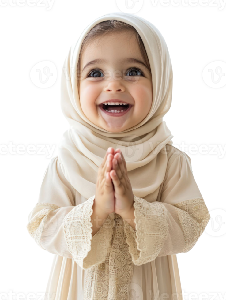 Smiling Young Girl in Cream Colored Head Covering Praying with Hands Clasped on Transparent Background png
