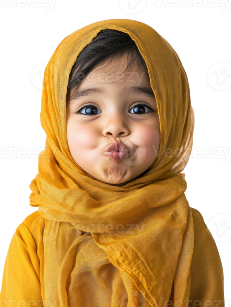 Adorable Portrait Of A Young Child Wearing Yellow Headscarf and Dress Making A Funny Face with Transparent Background png