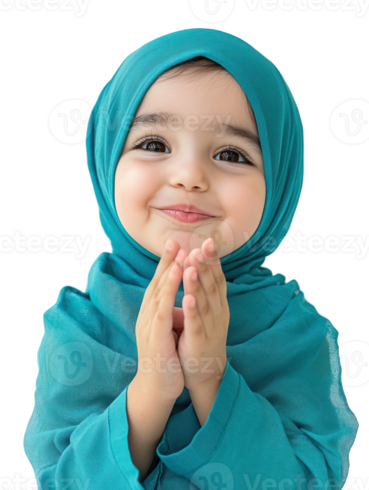 Smiling Young Girl in Turquoise Hijab with Clasped Hands on Transparent Background png