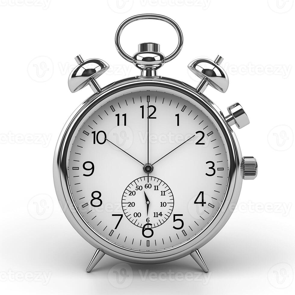 Classic silver stopwatch with distinct dials and clear markings against a white background. photo