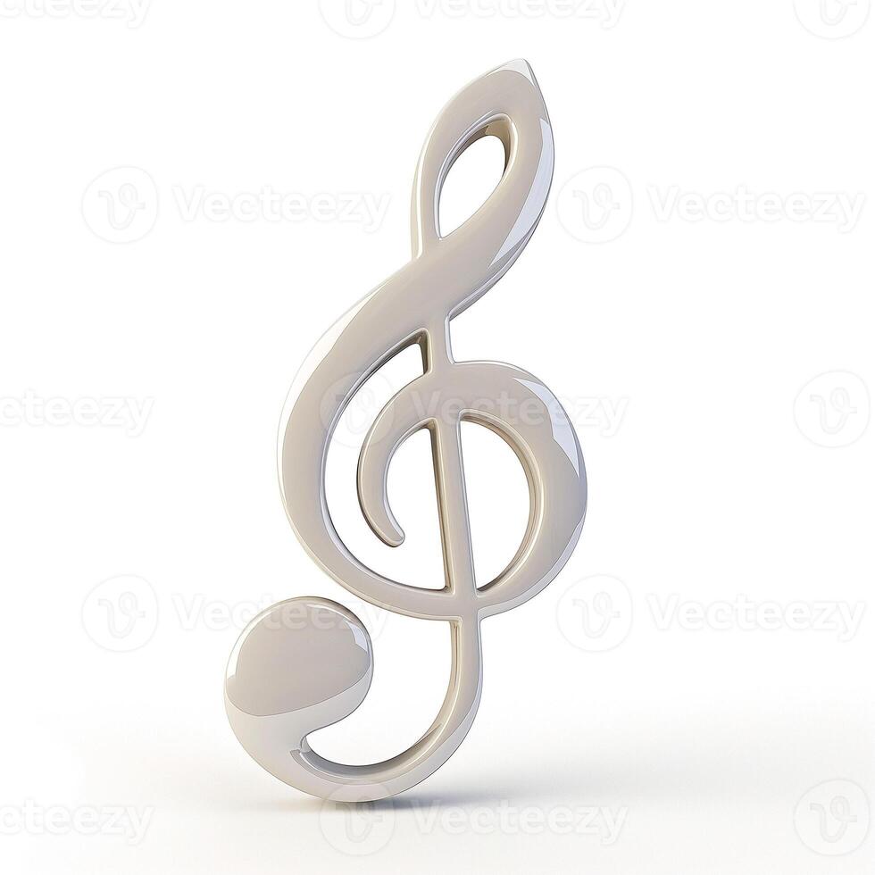A glossy white treble clef symbol, representing music and creativity, set against a clean, white background. photo