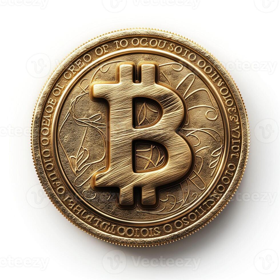 Close-up of a gold Bitcoin coin, symbolizing digital currency and investment opportunities. photo