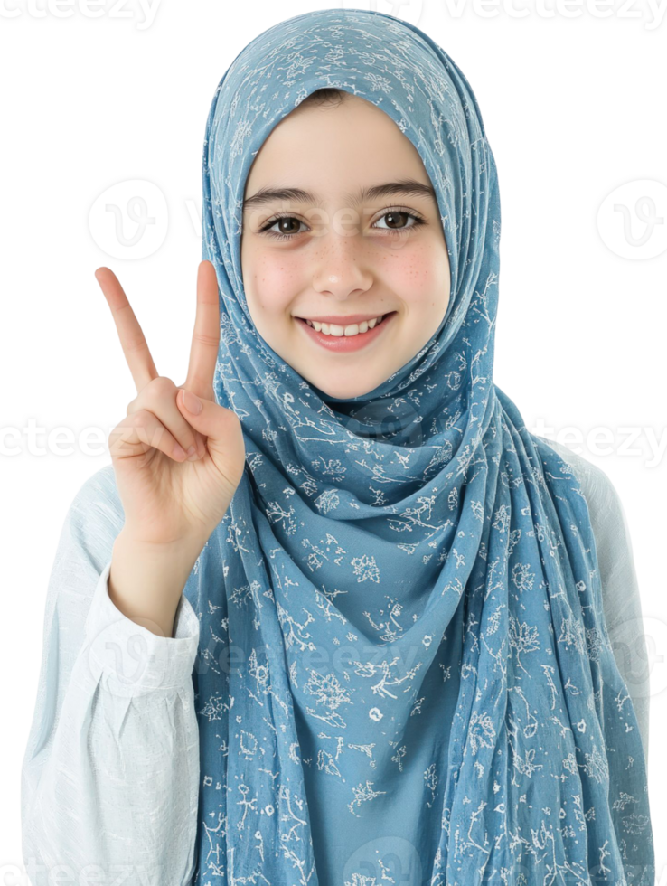 Smiling Young Girl Making Peace Sign Wearing Blue Headscarf Isolated on Transparent Background png