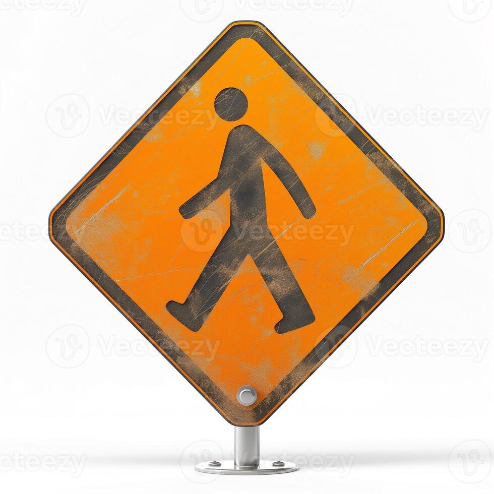A weathered pedestrian crossing sign against a clean, bright background, symbolizing urban safety. photo