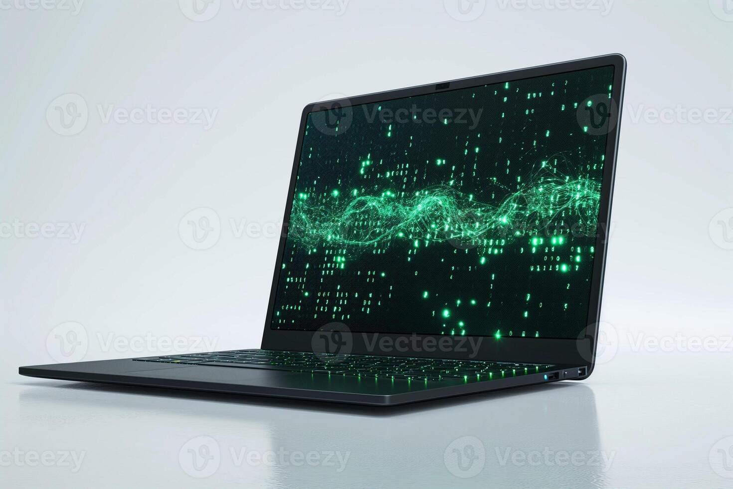 A sleek black laptop showcasing a vibrant green digital display, symbolizing technology and innovation. photo