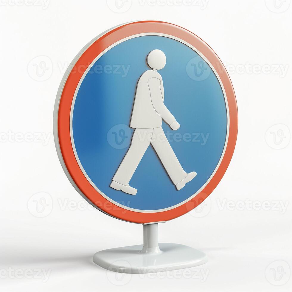A modern pedestrian traffic sign with a stylized figure walking, featuring a blue background and bright red circular border. photo