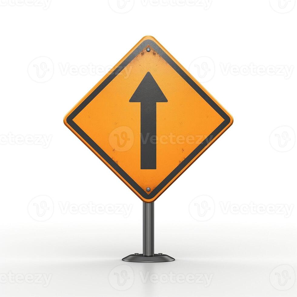 A weathered orange road sign with a bold black arrow pointing upwards against a clean white background. photo