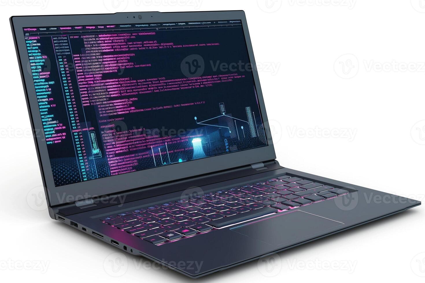 A modern laptop showcasing a vibrant screen filled with colorful code, creating a tech-savvy atmosphere. photo