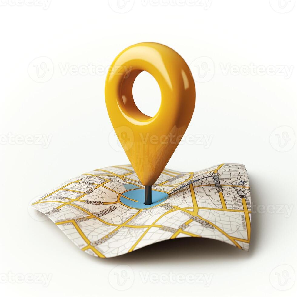 A vibrant yellow location pin sits centered on a stylized map, symbolizing geographic navigation. photo