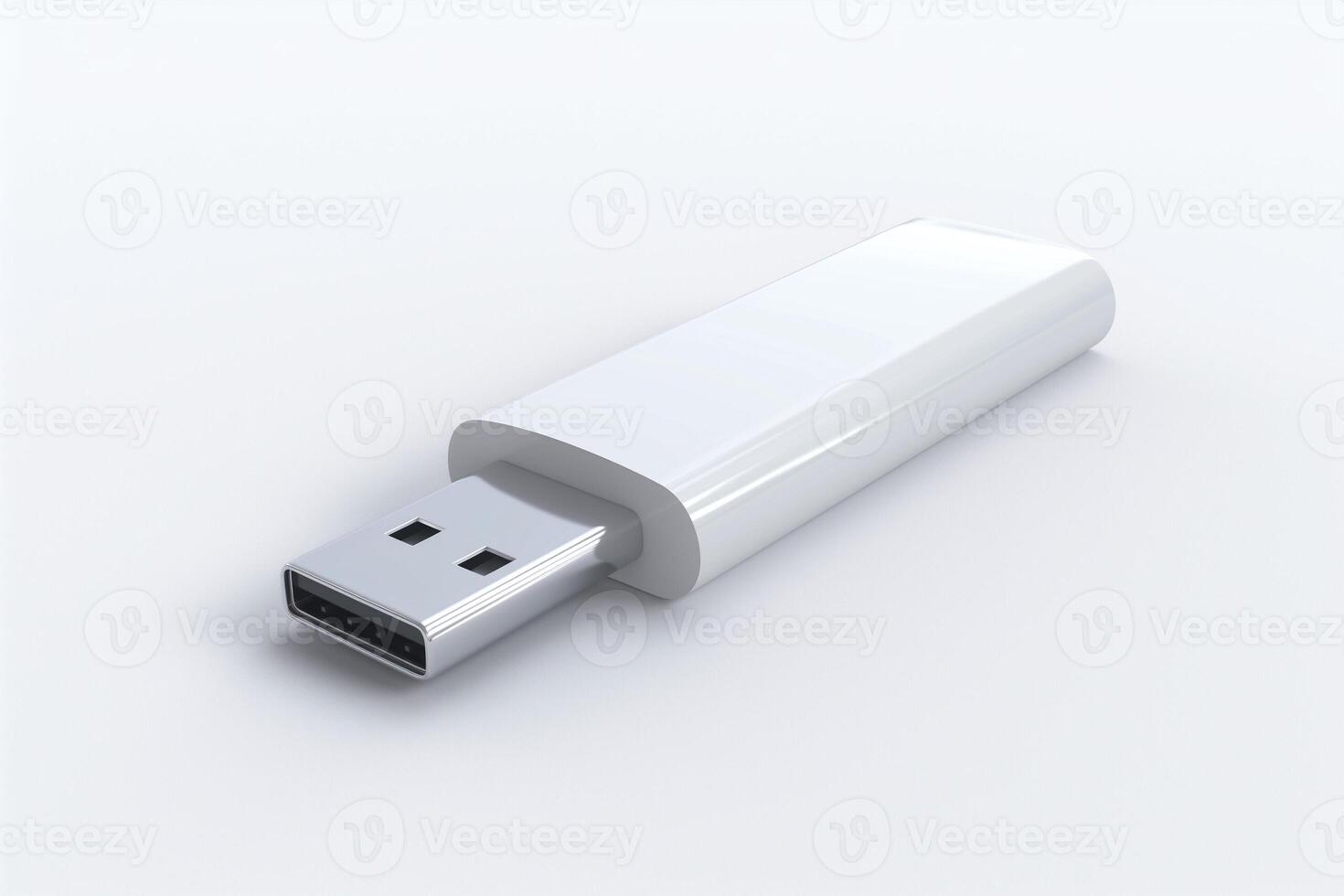 A sleek, white USB flash drive resting on a smooth white surface, symbolizing modern technology and data storage. photo
