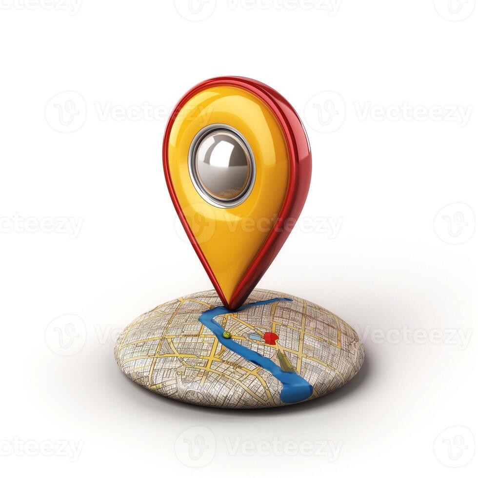 Colorful map pin icon on a stylized map surface, symbolizing location and navigation. photo
