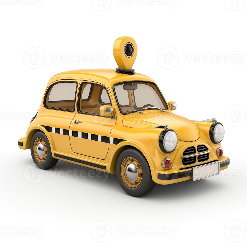 A bright yellow vintage taxi car with a location pin on top, showcasing a playful yet nostalgic design. photo