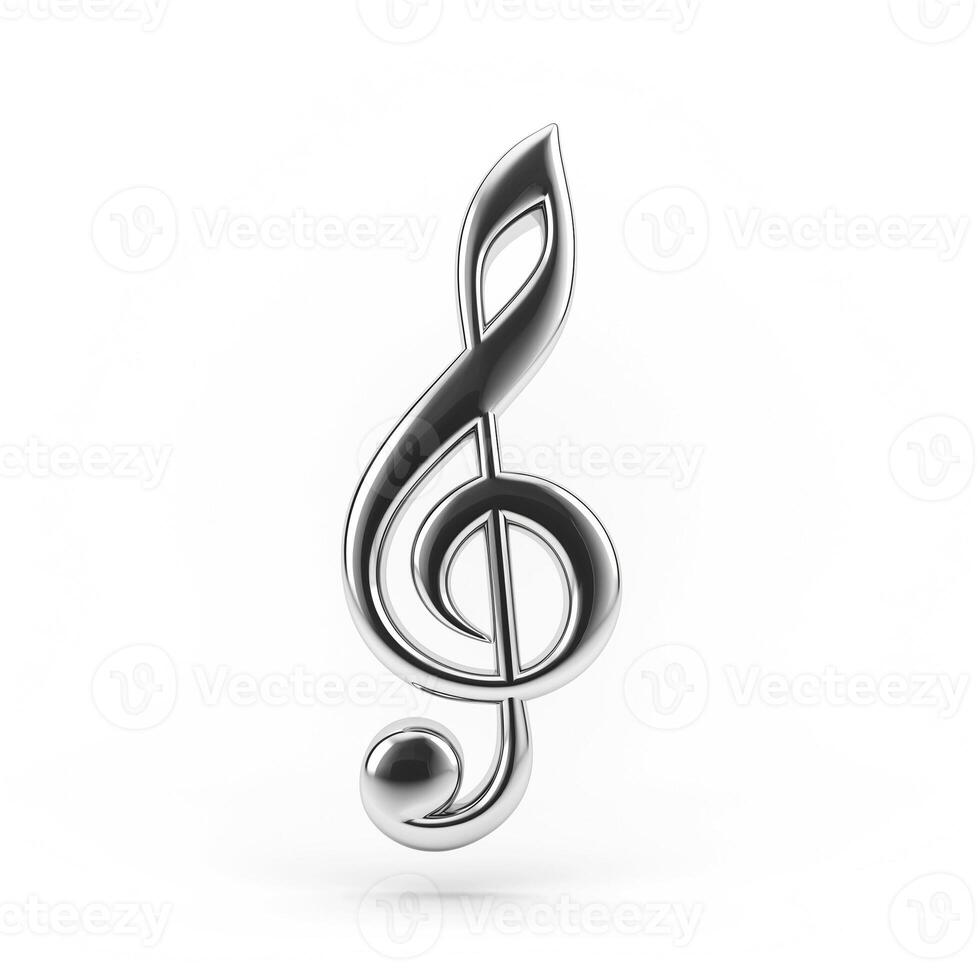 A shiny, silver treble clef symbol stands out against a pristine white background, embodying musical elegance and creativity. photo