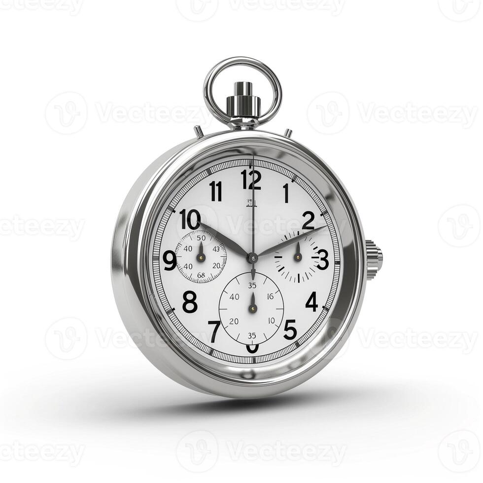 A classic silver stopwatch with a white dial and bold black numerals, symbolizing precision and timing. photo