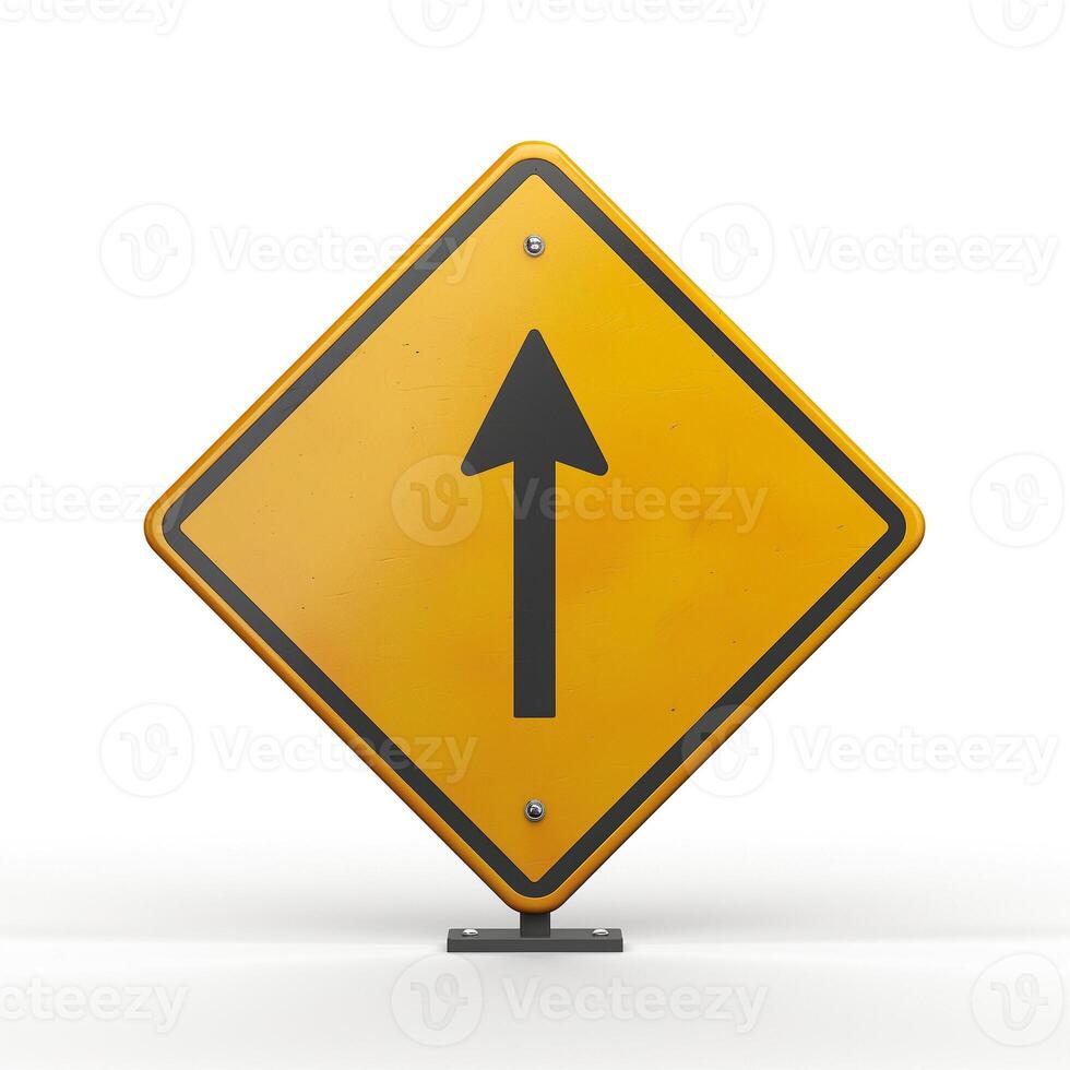 A clear yellow directional sign with an upward arrow, indicating straight ahead. photo