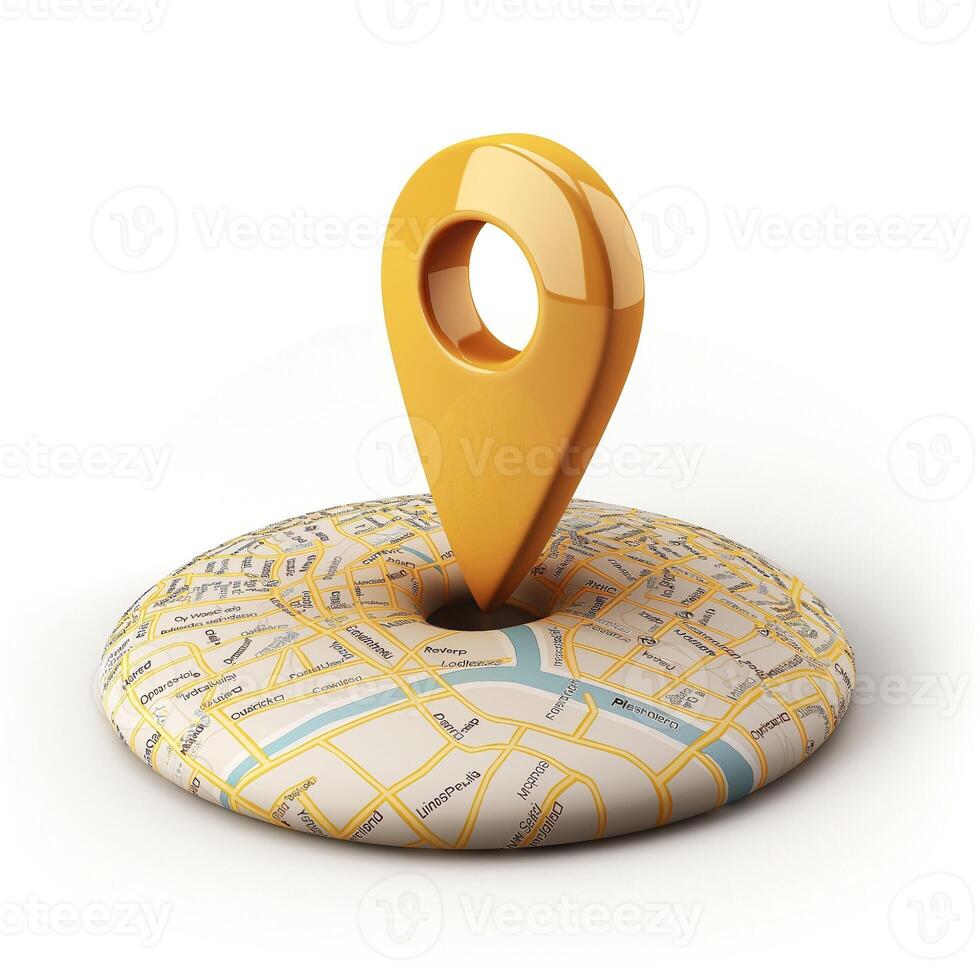 A vibrant yellow location pin stands prominently on a map, symbolizing navigation and discovery. photo