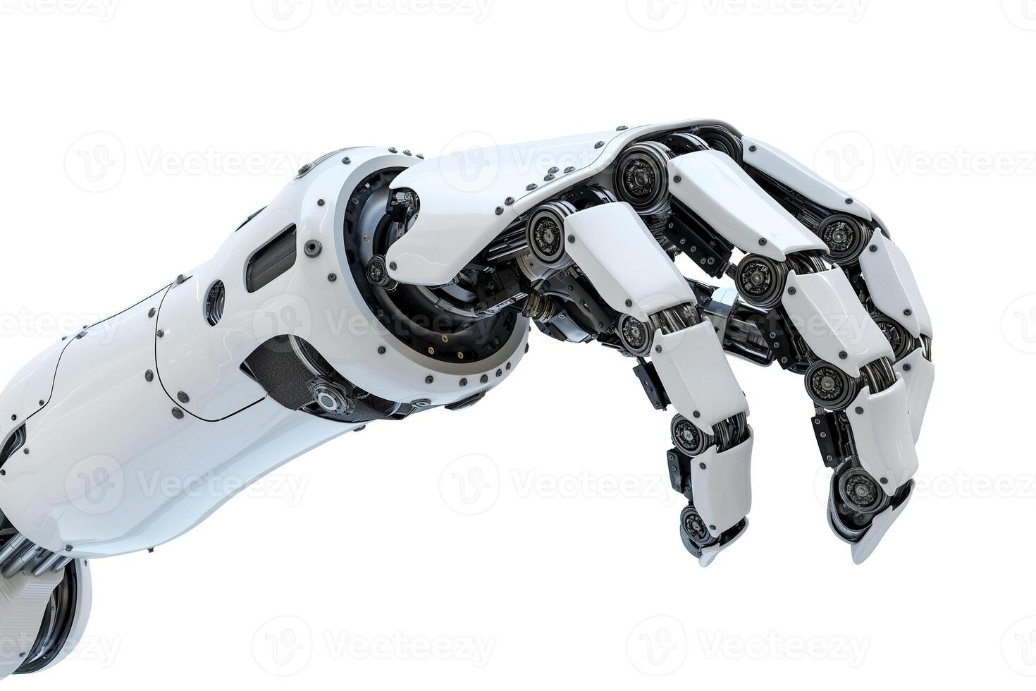A sleek, white robotic hand gracefully reaching out, showcasing intricate mechanical details and modern design. photo