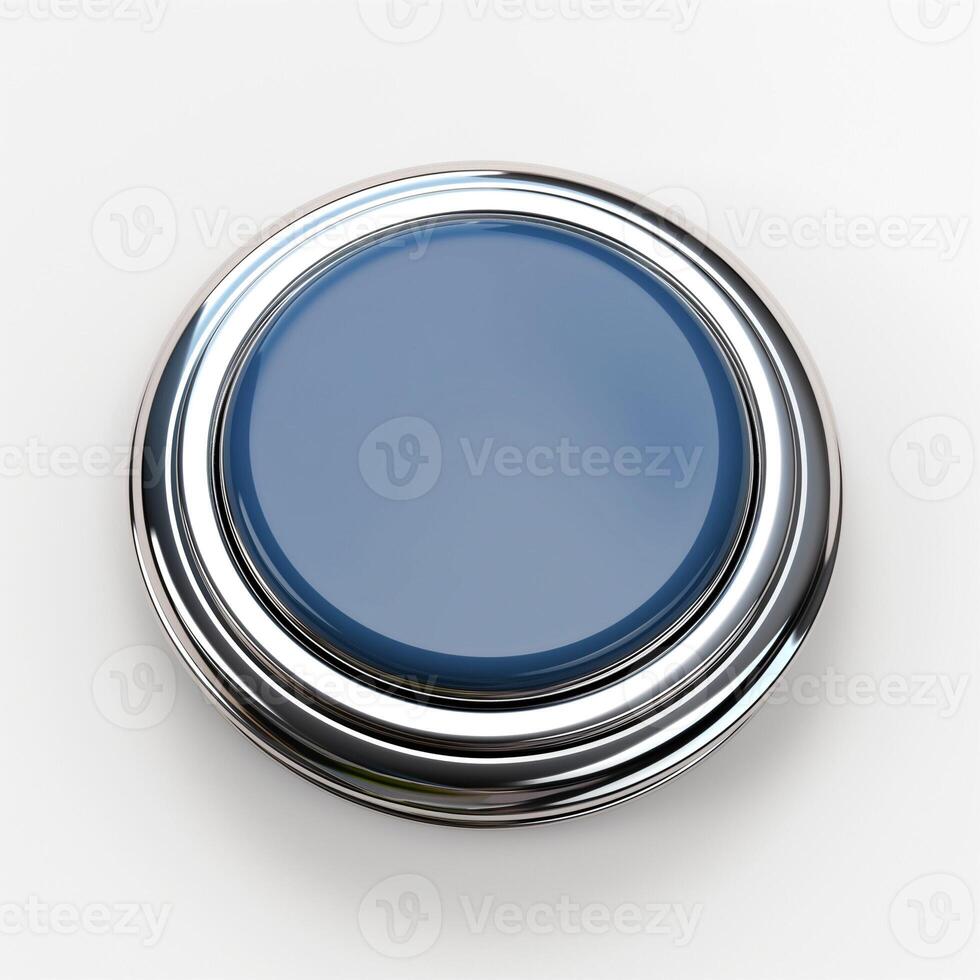 A sleek, metallic round button with a glossy blue surface, reflecting light beautifully. photo
