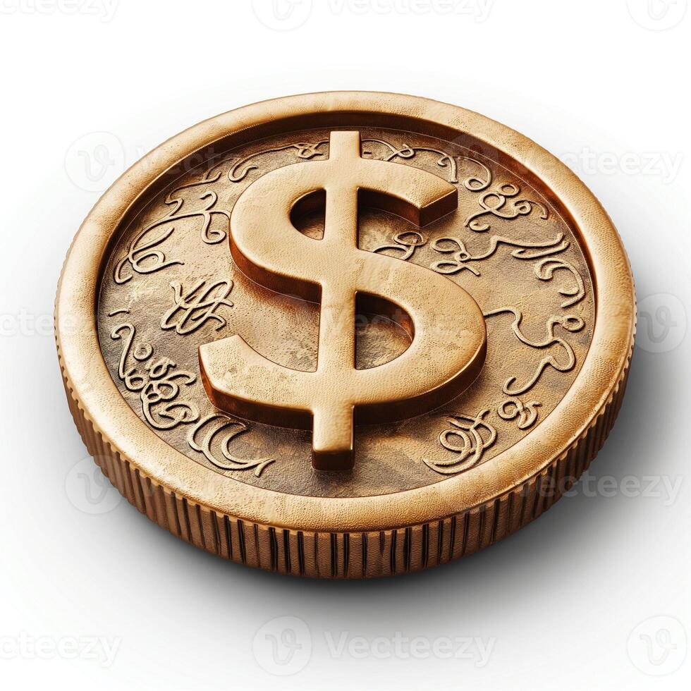 A close-up of a shiny bronze coin featuring a prominent dollar sign, symbolizing wealth and finance. photo