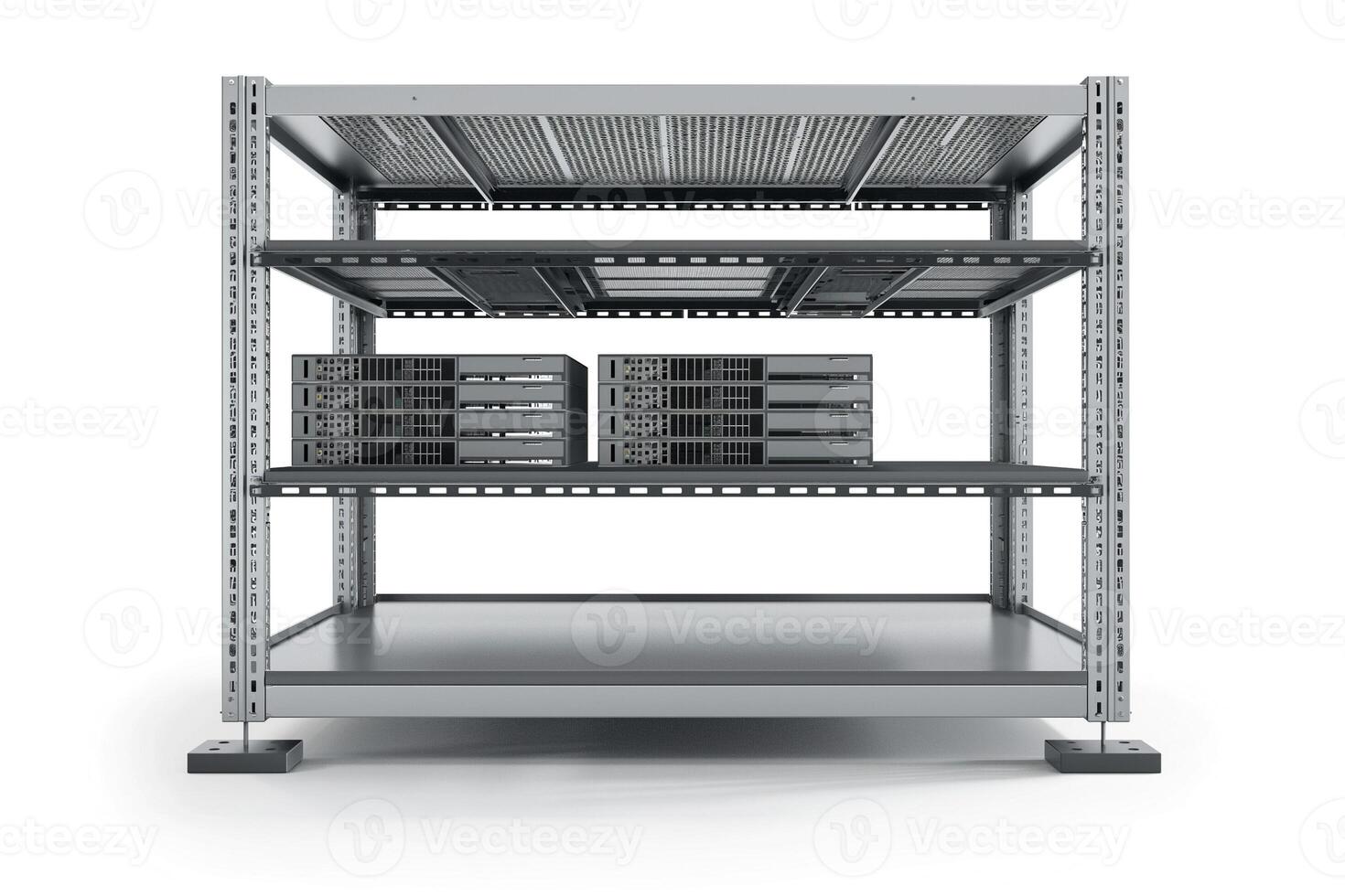 A modern server rack featuring multiple storage shelves and servers in a clean, industrial setting. photo